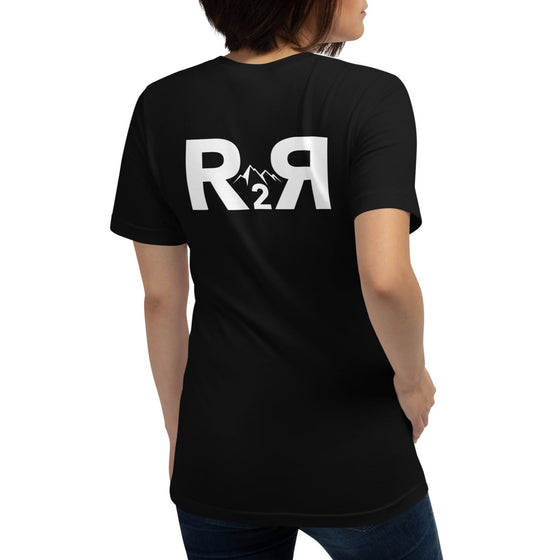 River to Ridge Brand Logo T shirt with a 2 sided print R2R - woman wearing it in black