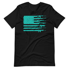  Teal Arrow Gun Flag, distressed graphic on a black t shirt for river to ridge clothing