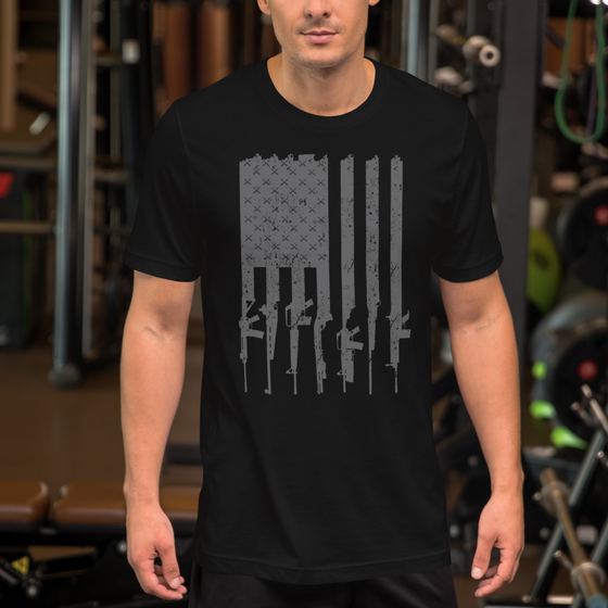 Mens tactical t shirt from River to Ridge Brand in black, patriotic USA flag, worn by a guy at the gym