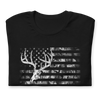 Womens Whitetail Flag T shirt from River to Ridge Clothing Brand, featuring a skull and antlers of a whitetail deer over a camo USA flag, patriotic 