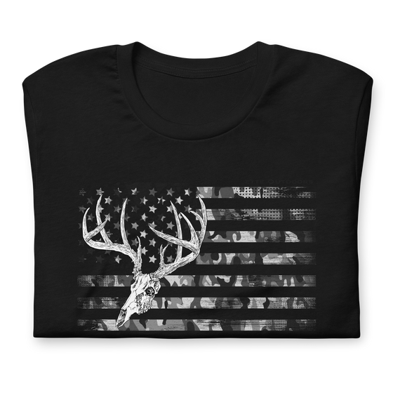 Womens Whitetail Flag T shirt from River to Ridge Clothing Brand, featuring a skull and antlers of a whitetail deer over a camo USA flag, patriotic 