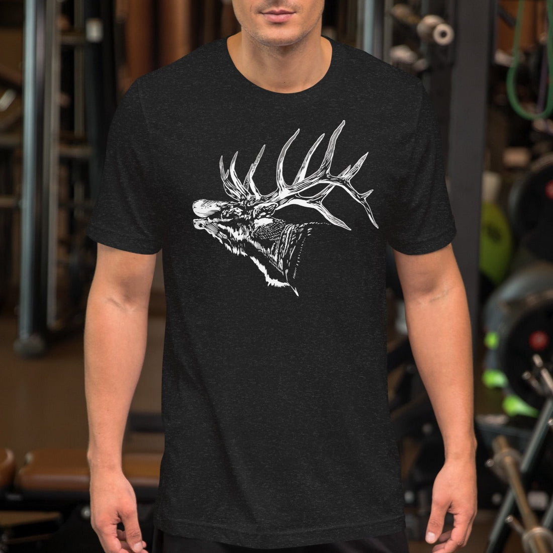  Man at the gym wearing an elk logo t shirt in black and white