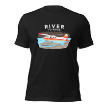  Mens t shirt from River to Ridge Clothing Brand, black heather with an alaskan bush plane, otter on it - on floats in the lake: Backcountry Taxi