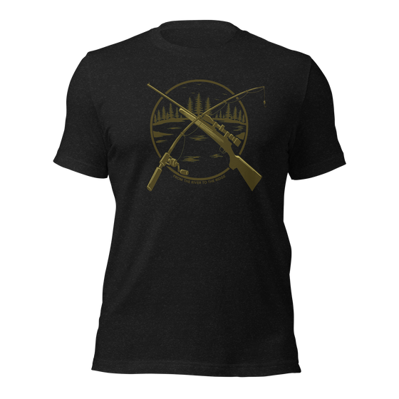 Mens River to Ridge Brand Logo T shirt in heather Black with a logo of a fishing pole and a hunting rifle crossed over a forest / river scene
