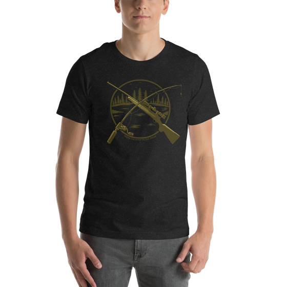 Mens River to Ridge Brand Logo T shirt in heather Black with a logo of a fishing pole and a hunting rifle crossed over a forest / river scene