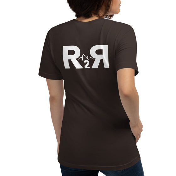 River to Ridge Brand Logo T shirt with a 2 sided print R2R - woman wearing it in brown