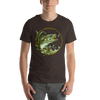 Man wearing a River to Ridge Brand Bass Fishing Logo t with a bass after a lure