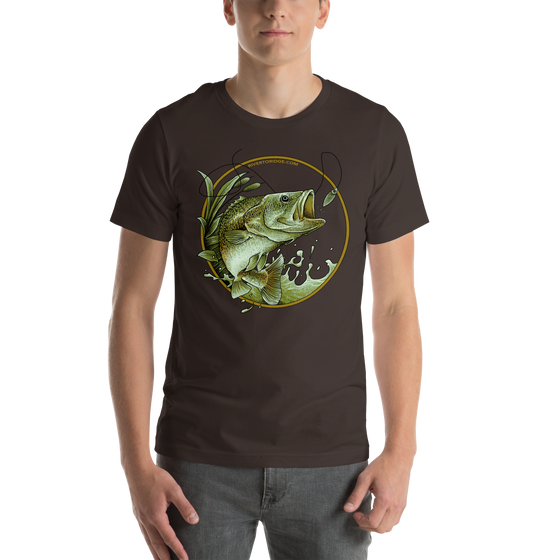 Man wearing a River to Ridge Brand Bass Fishing Logo t with a bass after a lure