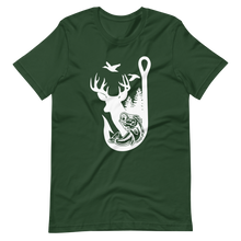  Green womens t shirt with our Hooked on the Outdoors Logo for River to Ridge featuring a bass, a fishing hook, a whitetail deer and ducks