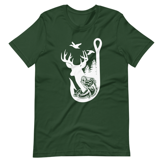 Green womens t shirt with our Hooked on the Outdoors Logo for River to Ridge featuring a bass, a fishing hook, a whitetail deer and ducks