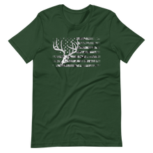  Womens Whitetail Flag T shirt from River to Ridge Clothing Brand, featuring a skull and antlers of a whitetail deer over a camo USA flag, patriotic 