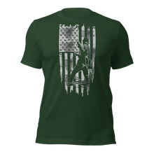  Men's Fishing USA Logo T shirt from River to Ridge Clothing Brand with a man fly fishing on it with an american flag in the background