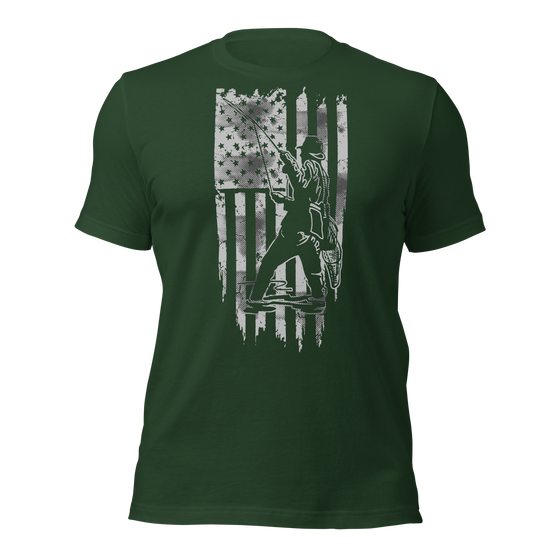 Men's Fishing USA Logo T shirt from River to Ridge Clothing Brand with a man fly fishing on it with an american flag in the background