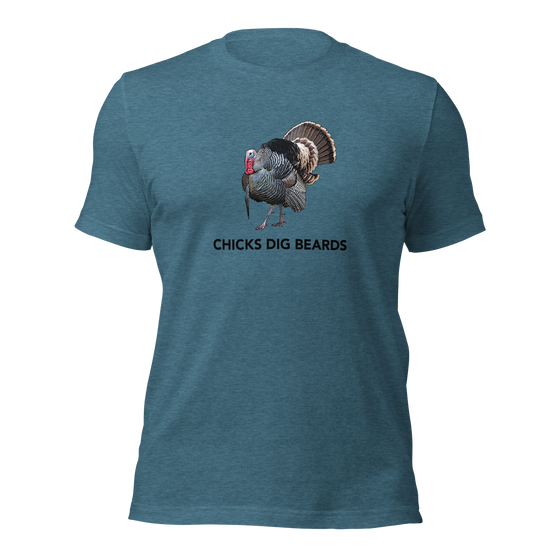 Man wearing a Chicks Dig Beards T shirt from River to Ridge Clothing Brand in teal blue