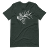 Womens elk logo T shirt with antlers in forest heather green