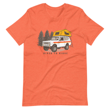  Womens orange offroad t from River to Ridge Clothing Brand featuring a vintage scout truck with a tent on top camping in the forest
