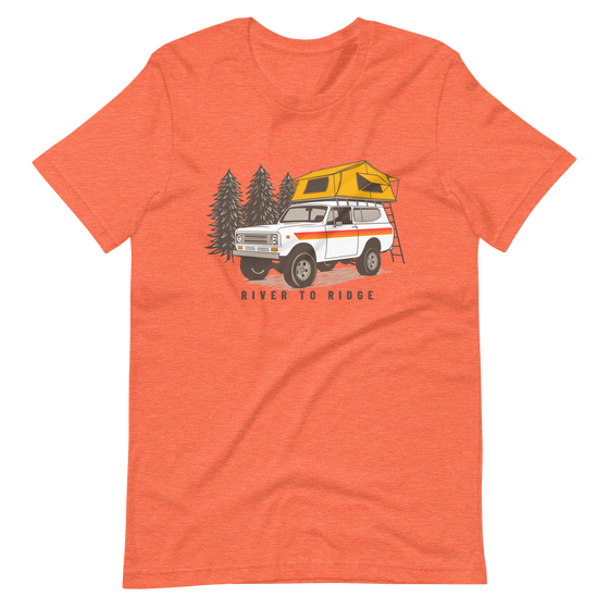 Womens orange offroad t from River to Ridge Clothing Brand featuring a vintage scout truck with a tent on top camping in the forest