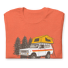 Womens offroad t from River to Ridge Clothing Brand featuring a vintage scout truck with a tent on top camping in the forest