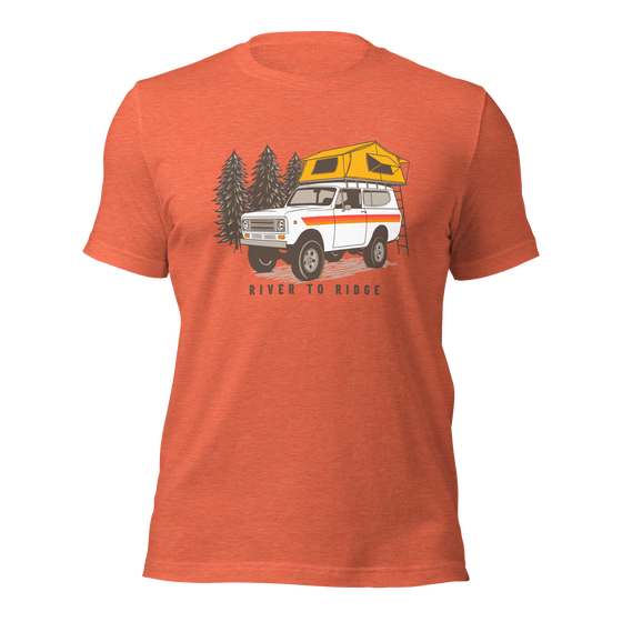 Mens offroad camping classic truck t shirt with a scout vintage truck on it with a camping tent on top from the Brand River to Ridge