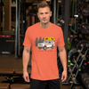 man at the gym. Mens offroad camping classic truck t shirt with a scout vintage truck on it with a camping tent on top from the Brand River to Ridge