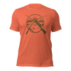 Mens Hunting and Fishing Logo shirt with a rifle and a fishing rod crossed over a river scene from the Brand River to Ridge Clothing - shirt in hunter orange