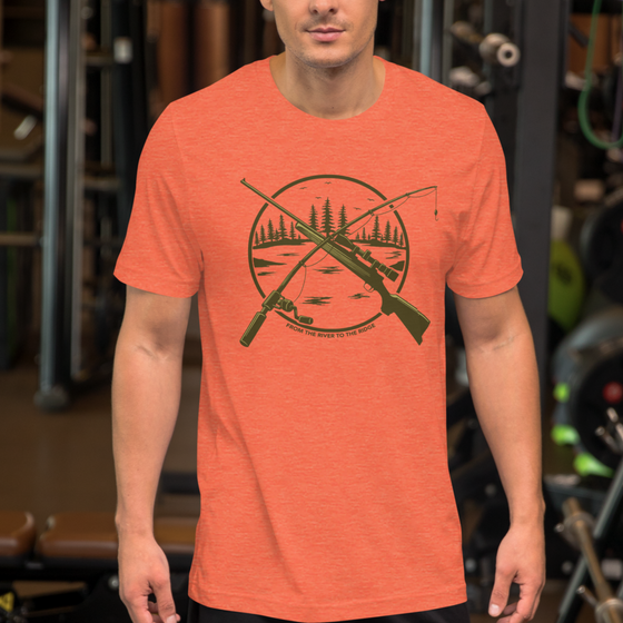Mens Hunting and Fishing Logo shirt with a rifle and a fishing rod crossed over a river scene from the Brand River to Ridge Clothing - Man wearing the shirt at the gym
