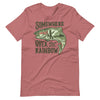 rainbow trout t shirt for women with a woman fishing inside a fish, some where over the rainbow trout, pink shirt from river to ridge brand