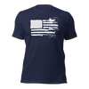River to Ridge T shirt in navy blue with the sportsmans flag on it which is the american flag with elk antlers, a man fishing for bass, goose hunting and fly fishing inlucded in the stripes