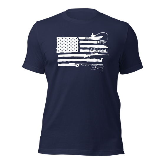 River to Ridge T shirt in navy blue with the sportsmans flag on it which is the american flag with elk antlers, a man fishing for bass, goose hunting and fly fishing inlucded in the stripes