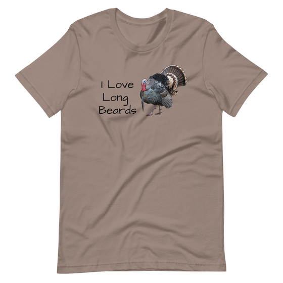 Womens I love long beards T shirt in pebble brown with a drawing of a turkey gobbler strutting on it, from River to Ridge Brand
