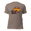 Mens T shirt in tan with a drawing of a landcruiser offroading truck in yellow with big tires from the brand River to Ridge