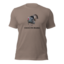  Man wearing a Chicks Dig Beards T shirt from River to Ridge Clothing Brand in tan / pebble