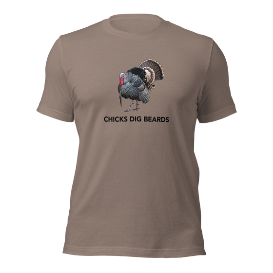 Man wearing a Chicks Dig Beards T shirt from River to Ridge Clothing Brand in tan / pebble