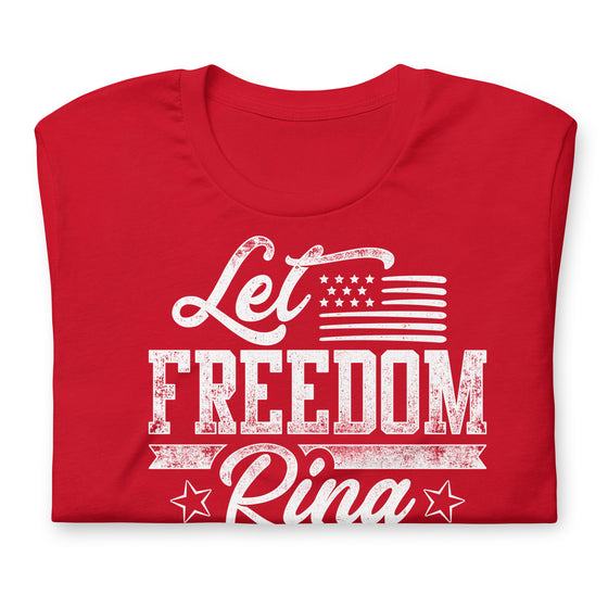 patriotic july 4 t-shirt for women in red with let freedom ring on it