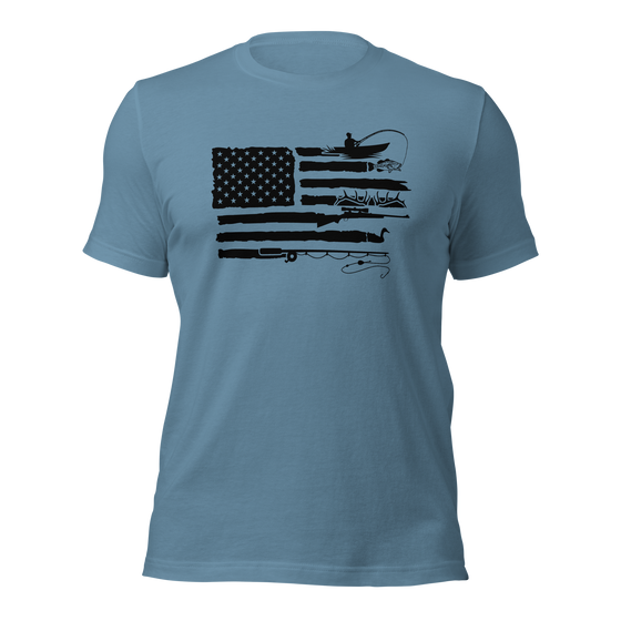 man wearing a sportsmans flag blue t shirt from River to Ridge Clothing Brand at the gym. shows a USA flag with the stripes replaced by kayak fishing for bass, antlers, goose hunting, fly fishing drawings