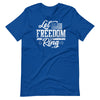 royal blue womens t shirt with let freedom ring and USA flag from River to Ridge Brand