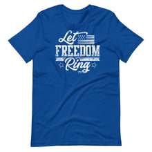  royal blue womens t shirt with let freedom ring and USA flag from River to Ridge Brand