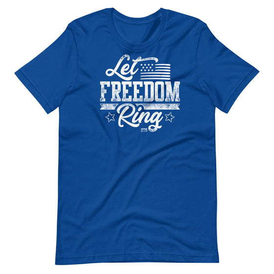 royal blue womens t shirt with let freedom ring and USA flag from River to Ridge Brand