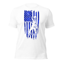  Men's Patriotic Fishing Logo T shirt in white with blue graphics, drawing of a man fly fishing in a river over a USA flag. From River to Ridge Brand