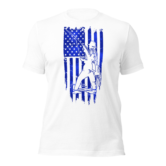 Men's Patriotic Fishing Logo T shirt in white with blue graphics, drawing of a man fly fishing in a river over a USA flag. From River to Ridge Brand