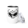 Stainless Steel white wine tumbler with lid and on it is an Adventure Awaits logo with mountains and antlers and a river