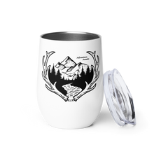  Stainless Steel white wine tumbler with lid and on it is an Adventure Awaits logo with mountains and antlers and a river