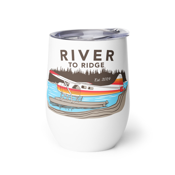 Insulated wine tumbler with lid from River to Ridge Brand with a Alaska bush plane logo, otter on it on floats at the lake - Backcountry Taxi