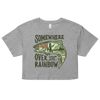 Somewhere Over the Rainbow Logo Crop T Shirt from River to Ridge Clothing Brand with a rainbow trout on it and a woman fishing inside of the fish drawing