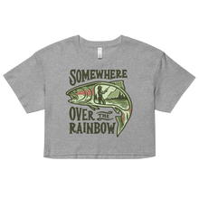  Somewhere Over the Rainbow Logo Crop T Shirt from River to Ridge Clothing Brand with a rainbow trout on it and a woman fishing inside of the fish drawing