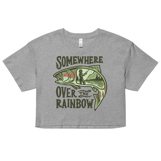 Somewhere Over the Rainbow Logo Crop T Shirt from River to Ridge Clothing Brand with a rainbow trout on it and a woman fishing inside of the fish drawing