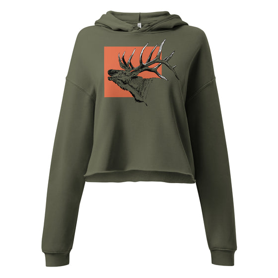 Cropped Hoodie in Olive with Elk on an Orange background, River to Ridge Apparel
