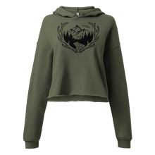  Womens crop hoodie with antler logo and mountains on it, says adventure awaits. in olive green