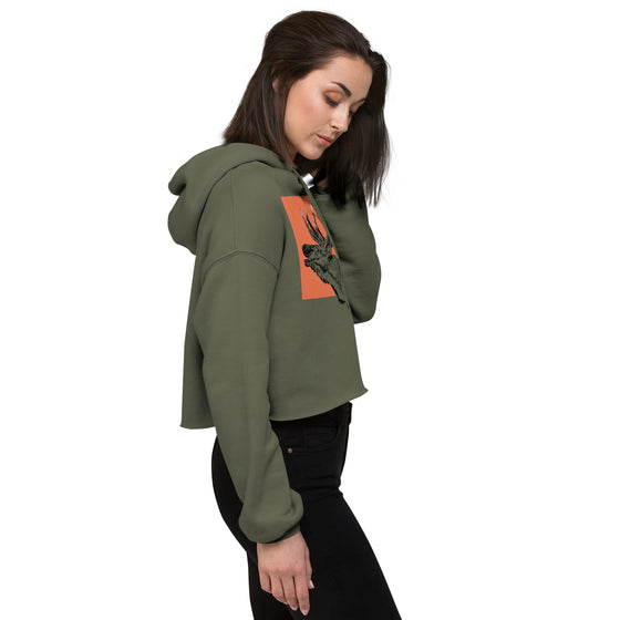 woman in cropped hoodie with elk on it