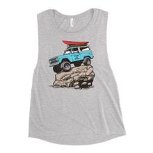  Womens Muscle Tank Top with a drawing of a Bronco with big tires and a kayak on top up on a big rock from the Brand River to Ridge